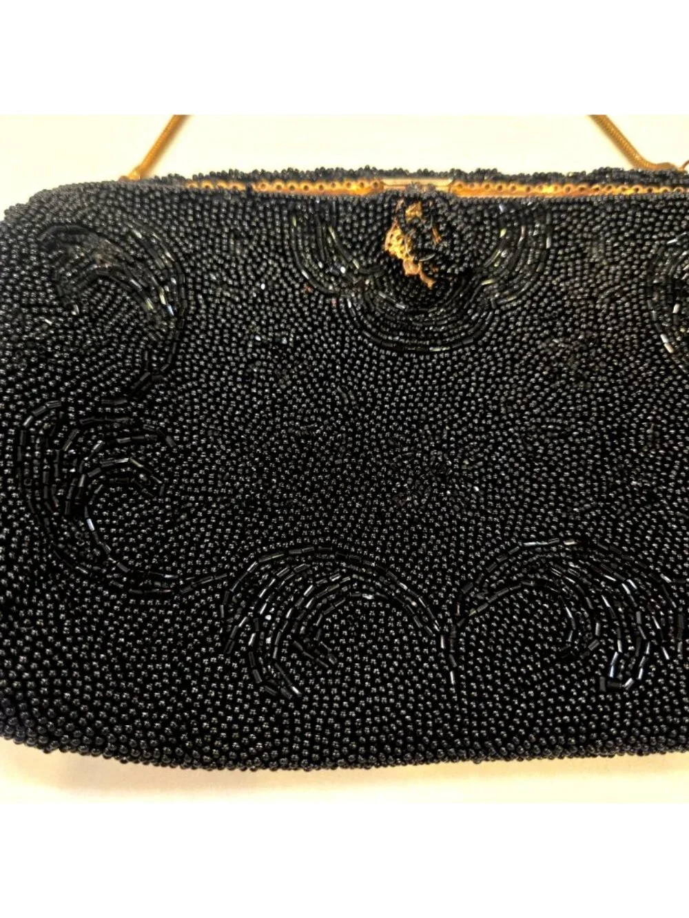 Vintage 1930's Black Seed-Beaded Scrollwork Evening Bag Hand Made in France Gold